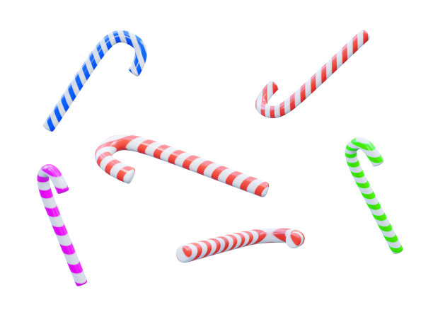 焦糖糖的形式，在藤条，多色螺旋。逼真的3D渲染，孤立的白色背景，空白的节日设计。图片下载