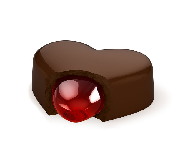 巧克力心形糖果，液体填充。3 d演示。图片下载