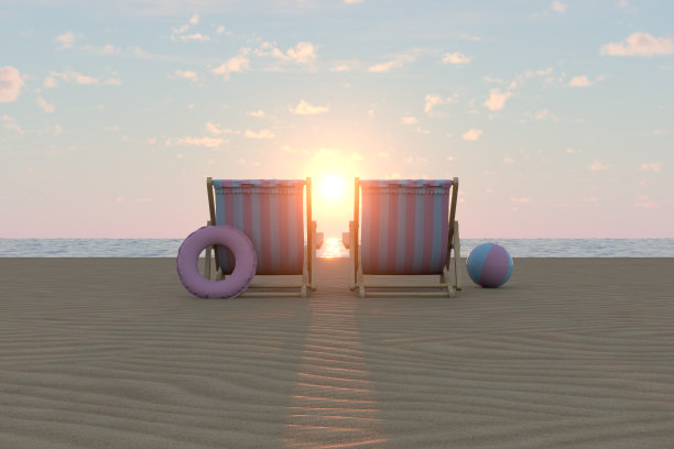夏季概念沙滩椅和沙滩球图片下载