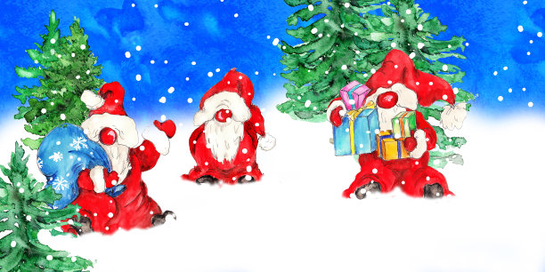 水彩手绘挪威可爱的圣诞侏儒在森林圣诞贺卡图片下载