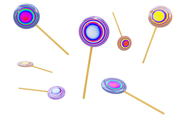 焦糖糖的形状是一个圆形的棒棒糖，在木棍上，五颜六色的抽象螺旋。逼真的3D渲染，孤立的白色背景，空白的节日设计。图片下载