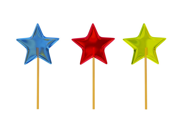 焦糖糖以五角星的形状装在木棍上，颜色各异。逼真的3D渲染，孤立的白色背景，空白的节日设计。图片下载