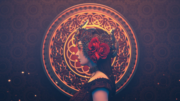 一个美丽悲伤的黑发女孩在幻想皇冠站在东方风格的金色装饰的3d插图。图片下载