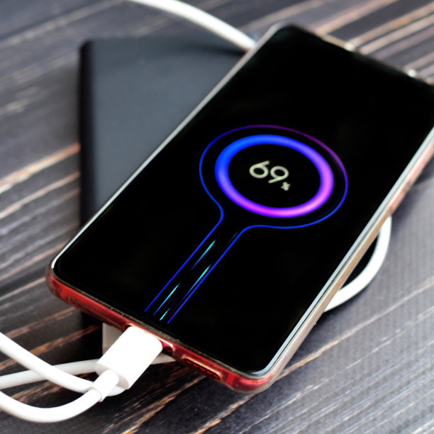 智能手机正在用电源充电，充电过程可以在屏幕上看到图片下载