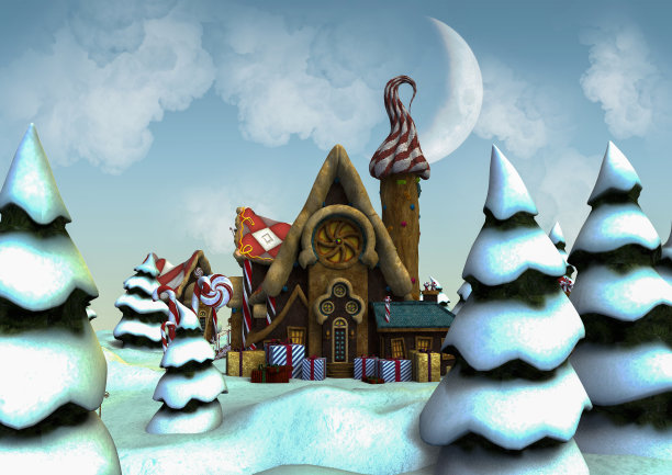 一个彩色的雪的地方，一个姜黄色的房子和树在上面。图片下载