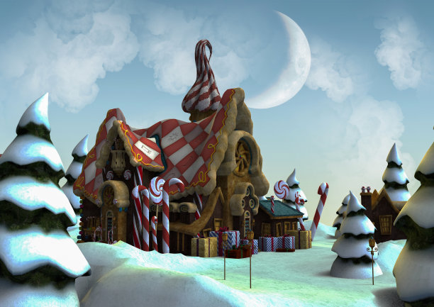 一个彩色的雪的地方，一个姜黄色的房子和树在上面。图片下载