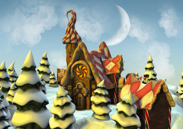 一个彩色的雪的地方，一个姜黄色的房子和树在上面。图片下载