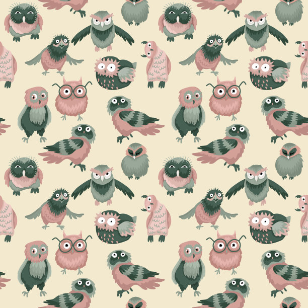 天衣无缝的图案，一只猫头鹰，不同的人物。矢量图图片下载