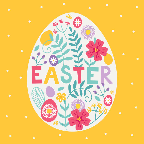 复活节贺卡有蛋，花，香草，叶子图片下载