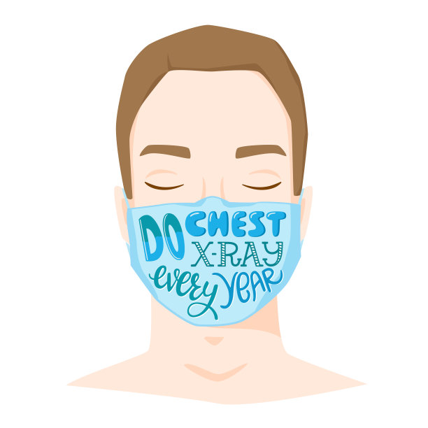 每年做胸部x光检查的字母，男人戴着医用口罩带着标志，提醒看医生，早期肺部疾病检测，肺部疾病预防，病媒说明图片下载