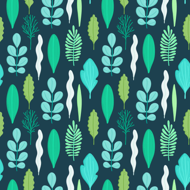 无缝模式与绿色叶子在平风格。简单的形状。植物标本。自然元素图片下载