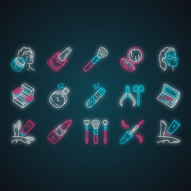 护肤产品，彩妆霓虹图标集。女性卫生，化妆配件发光标志。美容院属性矢量孤立插图。润肤膏，口红，粉盒，香水图片下载