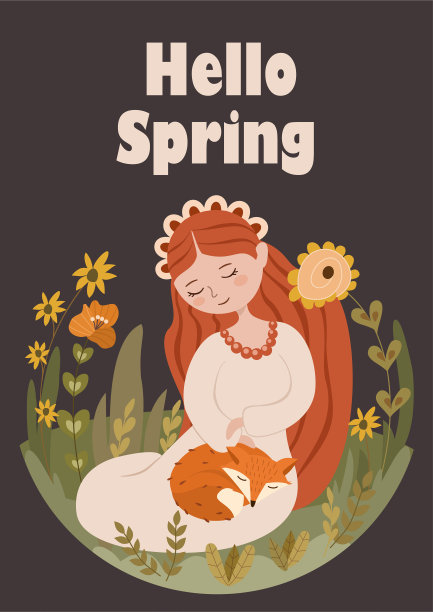 春天的插图与花，女孩和狐狸。漂亮的模板为卡片和其他用途。图片下载