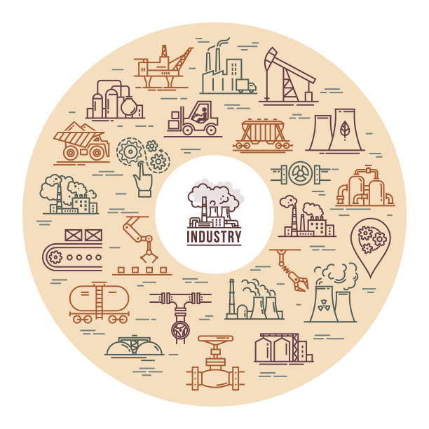 圆形矢量概念，由工业主题的线性图标组成的棕色背景图片下载