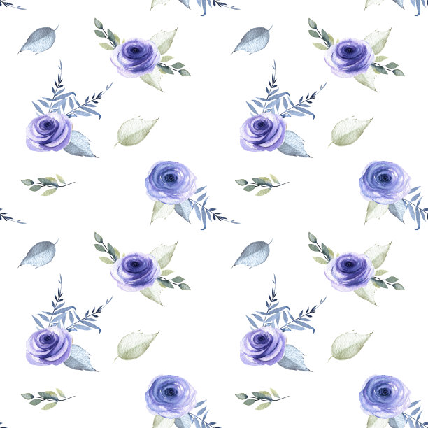水彩蓝色玫瑰，枝叶无缝图案，手绘在白色背景上图片下载