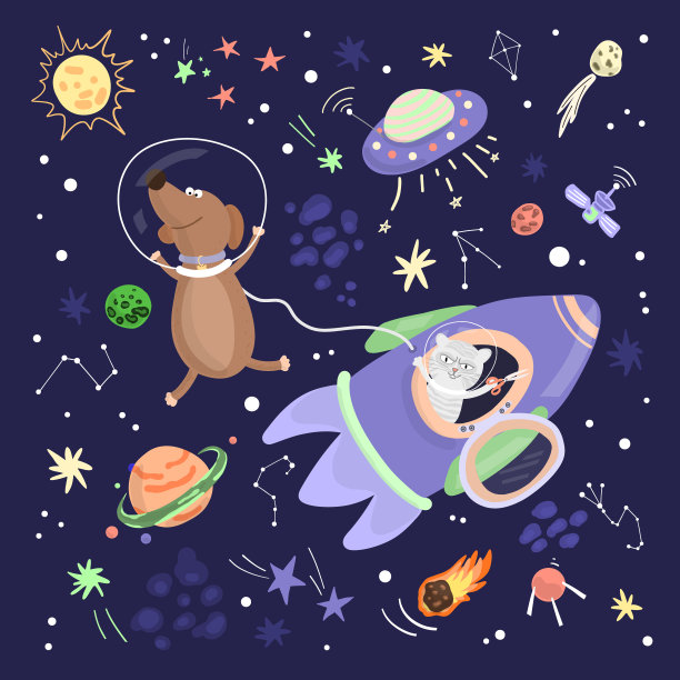 动物在太空旅行。卡通风格的涂鸦，平面矢量插图。幽默的概念。图片下载