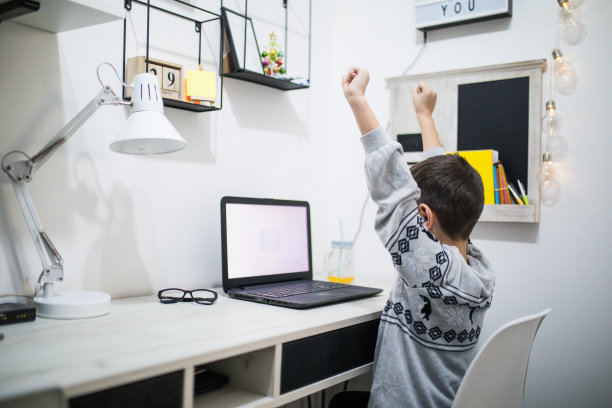 可爱的小男孩，桌上放着笔记本电脑图片下载