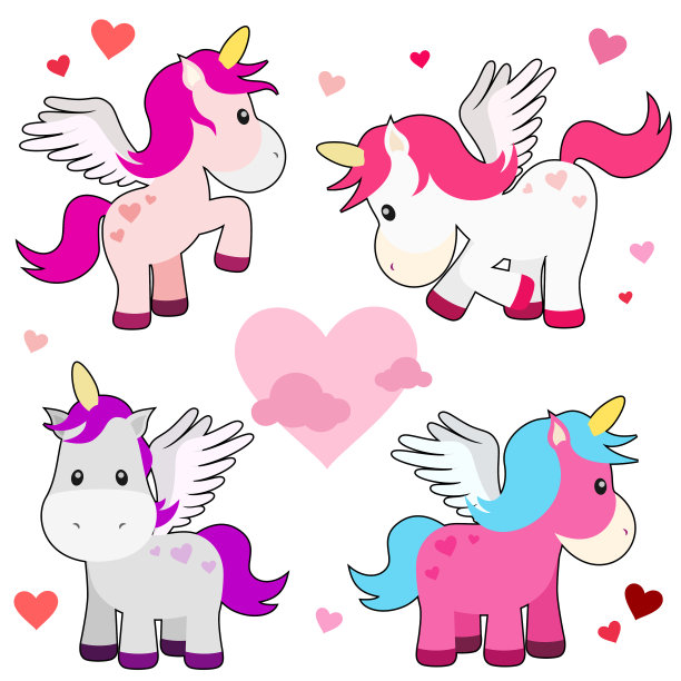 可爱的独角兽矢量插图设置为白色图片下载