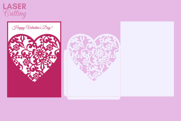 激光切口袋信封装饰花图案的心。切割的模板。婚礼邀请或情人节贺卡模型与花边心。图片下载
