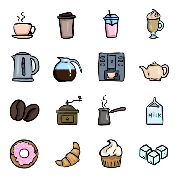 矢量设置的彩色涂鸦咖啡图标图片下载