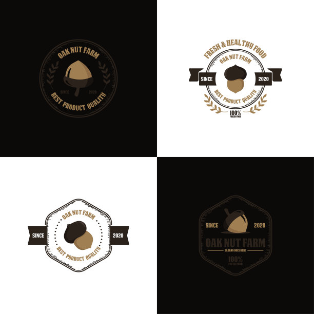 手绘复古橡木坚果标志向量图片下载