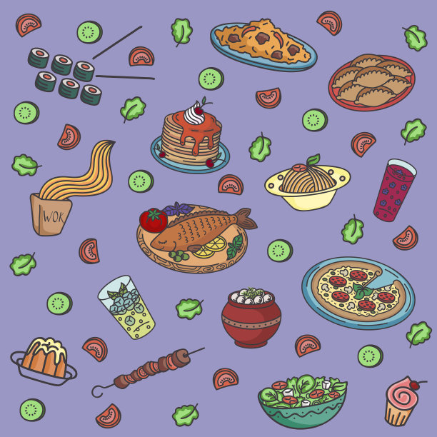 矢量图案配以世界名菜世界佳肴。图片下载
