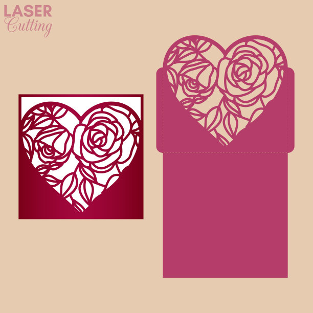 激光切口袋信封与玫瑰和叶心形图案。切割的模板。婚礼邀请或情人节贺卡模型与花边心。图片下载