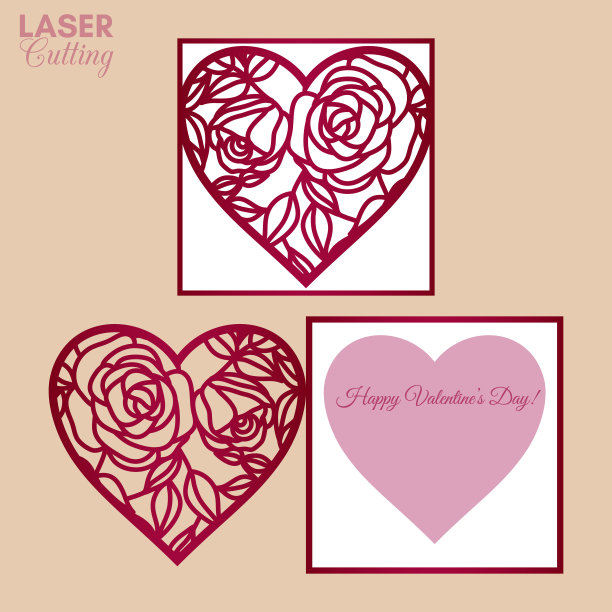 激光切割模板折叠卡片与玫瑰和树叶图案的心宣传册，婚礼请柬或情人节贺卡。图片下载