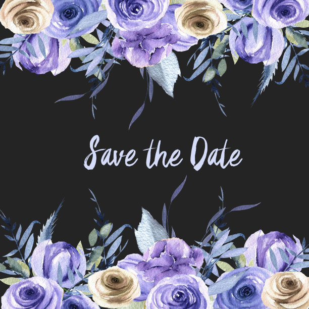 水彩蓝色和棕色玫瑰和植物卡片模板，保存日期卡片设计，在黑暗的背景上手绘图片下载