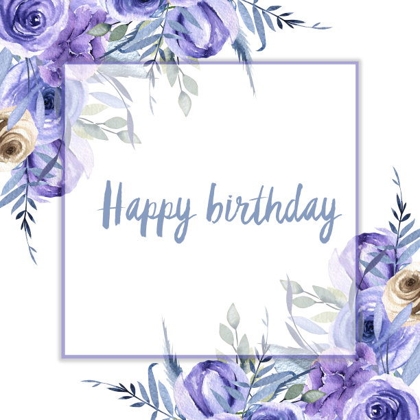 水彩蓝色玫瑰和植物卡片模板，快乐的生日卡片设计，手绘在一个白色的背景图片下载