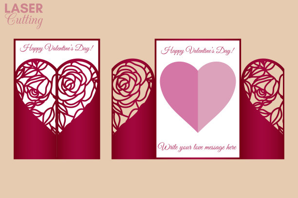 激光切割模板的大门折叠卡片与玫瑰和树叶图案的心宣传册，婚礼请柬或情人节贺卡。图片下载
