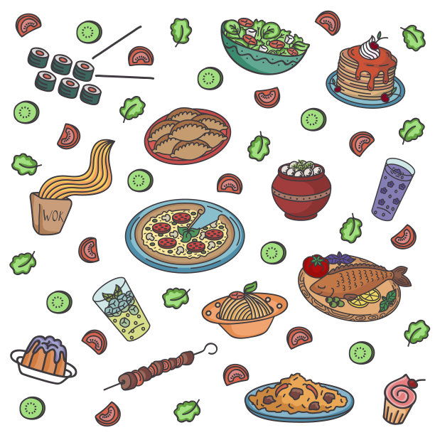 矢量图案配以世界名菜世界佳肴。图片下载