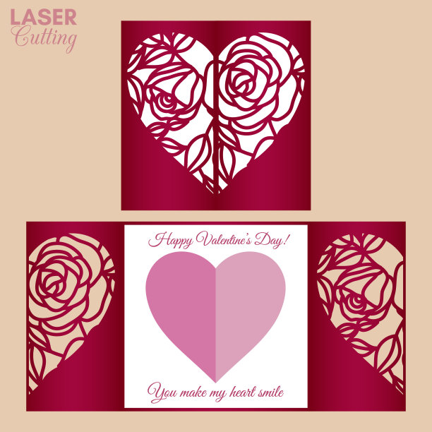 激光切割模板的大门折叠卡片与玫瑰和树叶图案的心宣传册，婚礼请柬或情人节贺卡。图片下载
