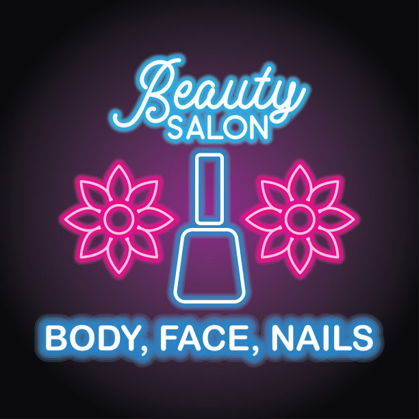霓虹灯效果的美容院广告板。矢量图图片下载