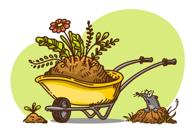 明亮的线形设置为园艺，保温工具为蔬菜花园和花园。有地面和鼹鼠的花园车。矢量手绘图形书籍，网站，卡片，横幅和插图。图片下载