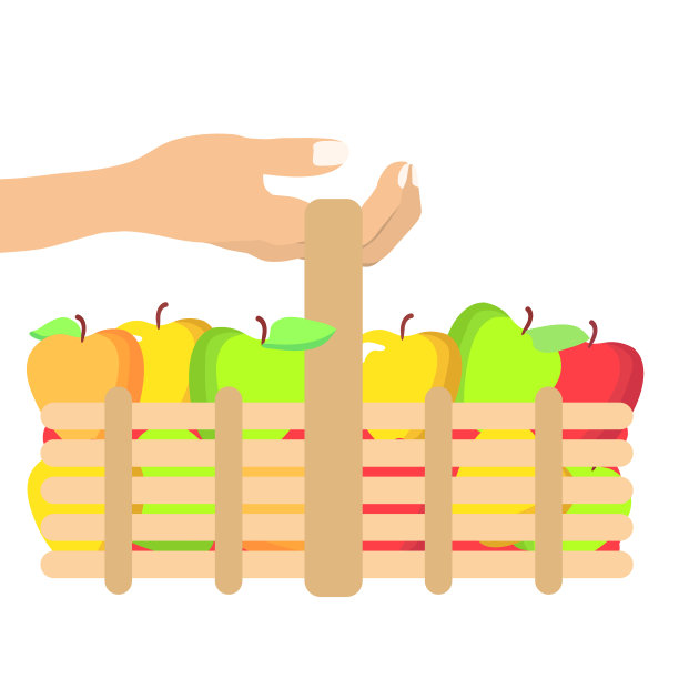 手绘矢量插图的手拿着一篮子新鲜的苹果，孤立在白色的背景。图片下载