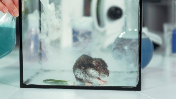 现代化学实验室实验:用鼠标将烟从烧瓶中注入玻璃容器图片下载