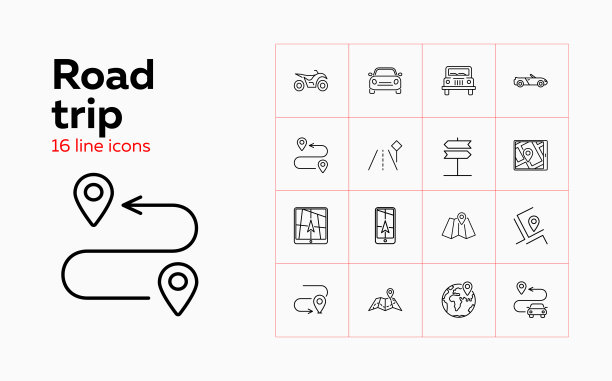 公路旅行线路图标设置图片下载
