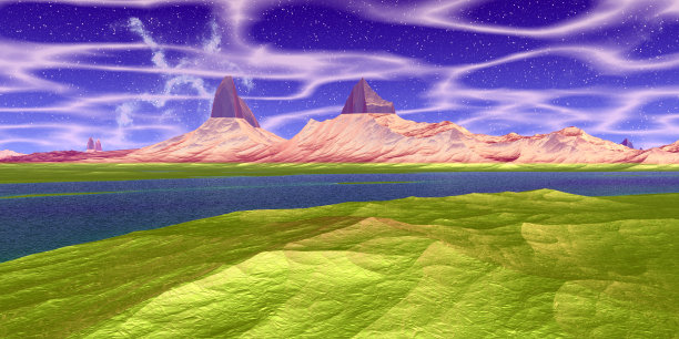 外星人的星球。山和湖。三维渲染图片下载