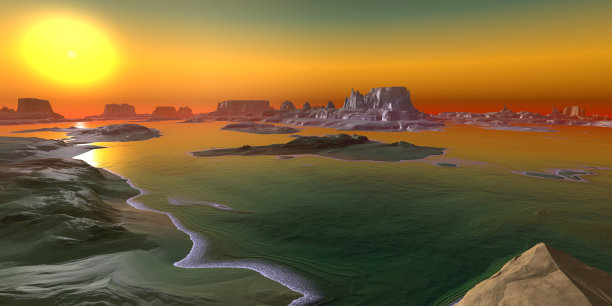 外星人的星球。山和湖。三维渲染图片下载