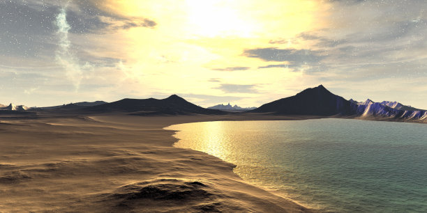 外星人的星球。山和湖。三维渲染图片下载