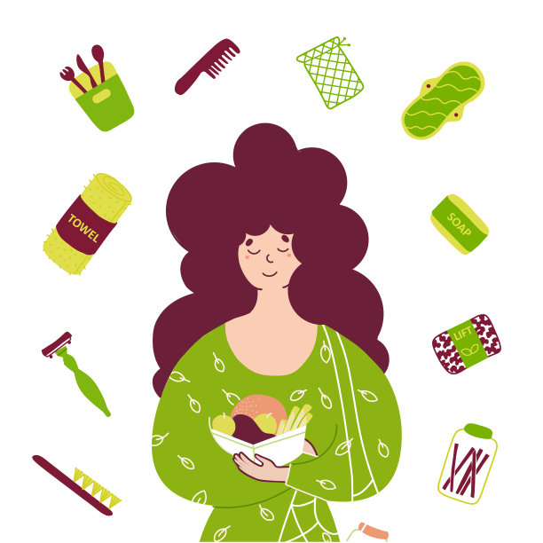 女孩与环保产品平面矢量插图图片下载