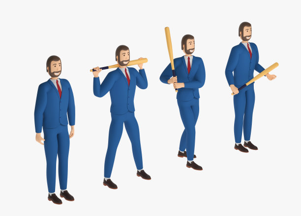卡通人物，商人穿着西装摆出各种姿势。三维渲染图片下载
