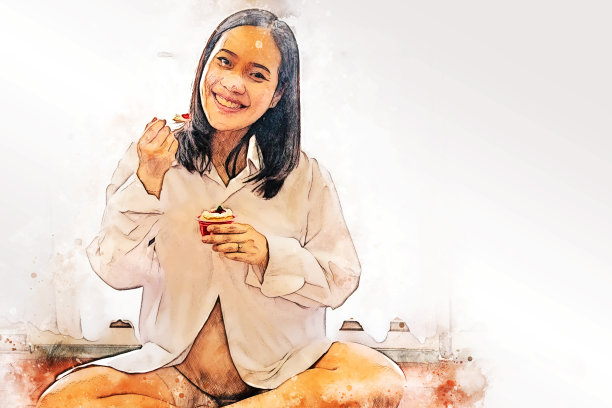 在水彩插画背景上抽象彩色孕妇进食食物。图片下载