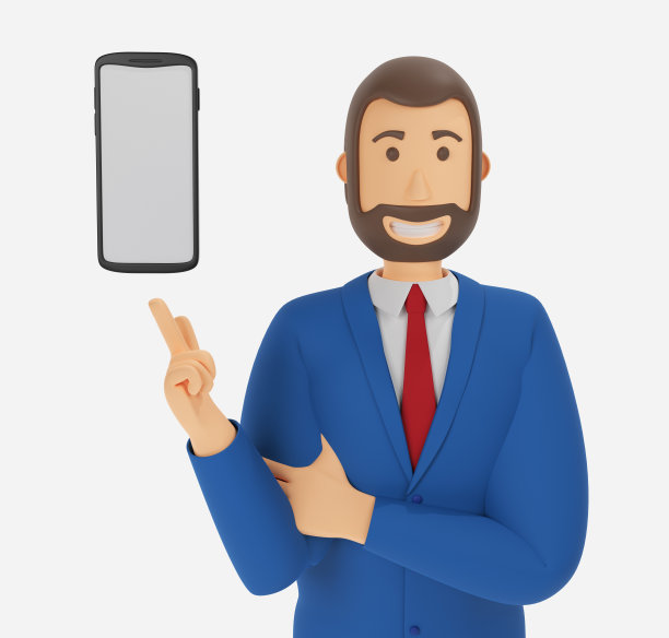 卡通人物，商人站在电话旁。三维渲染图片下载