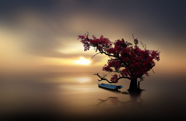孤独的小船在夕阳下图片下载