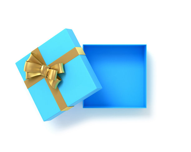 打开蓝色礼盒俯视图与蝴蝶结丝带。3 d演示。图片下载