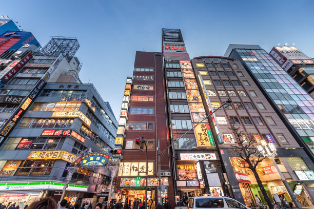 新宿镇晚上的街道上挤满了等待人行横道的人。新宿是位于东京的一个夜间购物区。图片下载