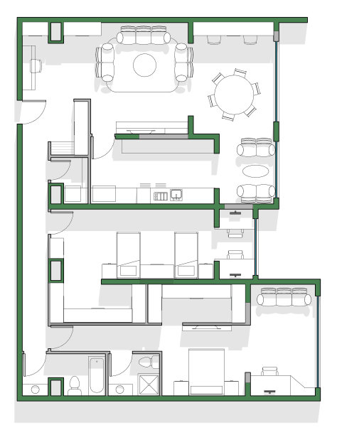 带有阴影的两间卧室家庭住宅平面图。白色背景下的绿色墙壁。图片下载