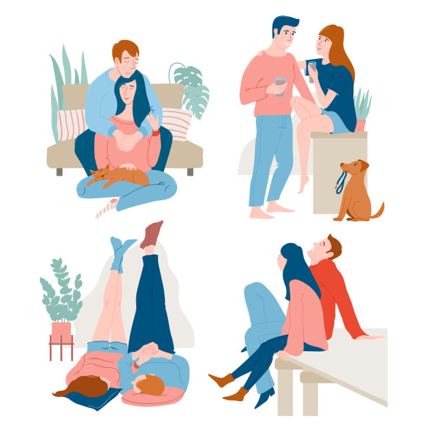 一套可爱浪漫的情侣，男人和女人在爱，花时间在一起在家里，在厨房吃早餐，拥抱，放松在一个木制码头，白色背景上的平面矢量插图图片下载